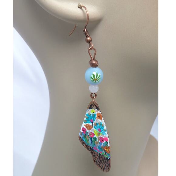 Butterfly Wing Earrings Artisan Made Copper Hand Painted Floral Art Colorful NEW - Picture 3 of 10